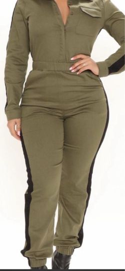 Fashion Nova Green Jumpsuit With Black Side Stripe