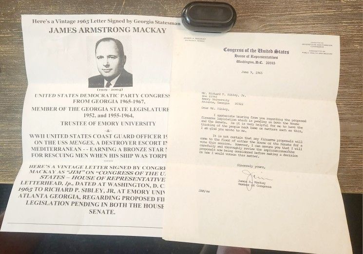 1965 US House Of Rep James Mackay (WW2 Hero)  Re: Firearms Legislation 