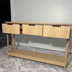 New in box fluted oak console table with 3 drawers & storage shelf