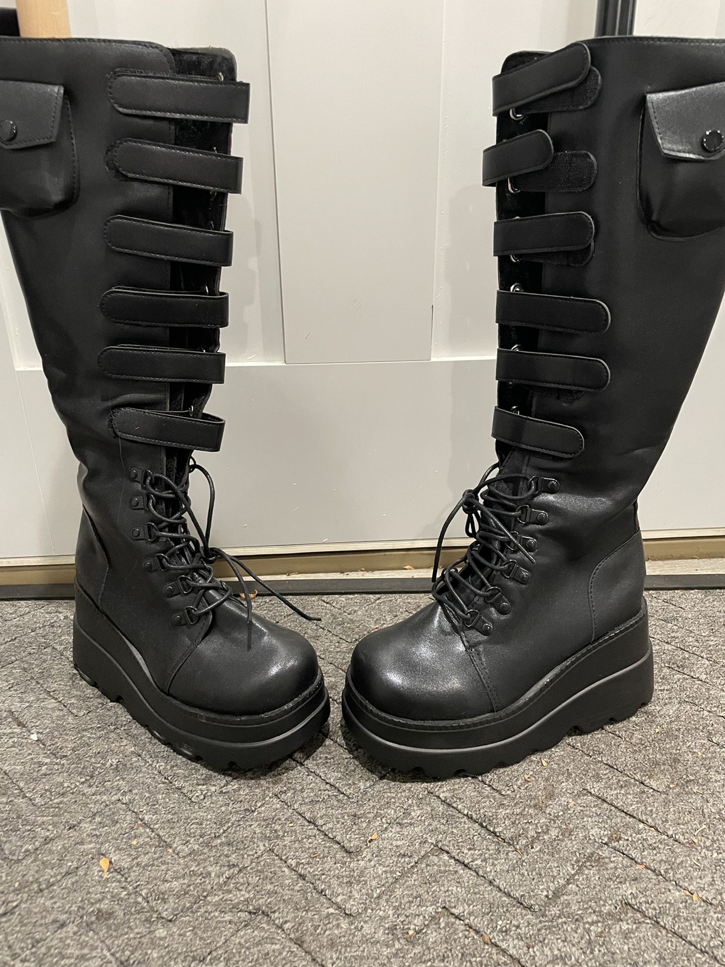 Womens High Platform Mid Calf Wedges Chunky High Heel Round-Toe Side Zip Punk Combat Boots For Women