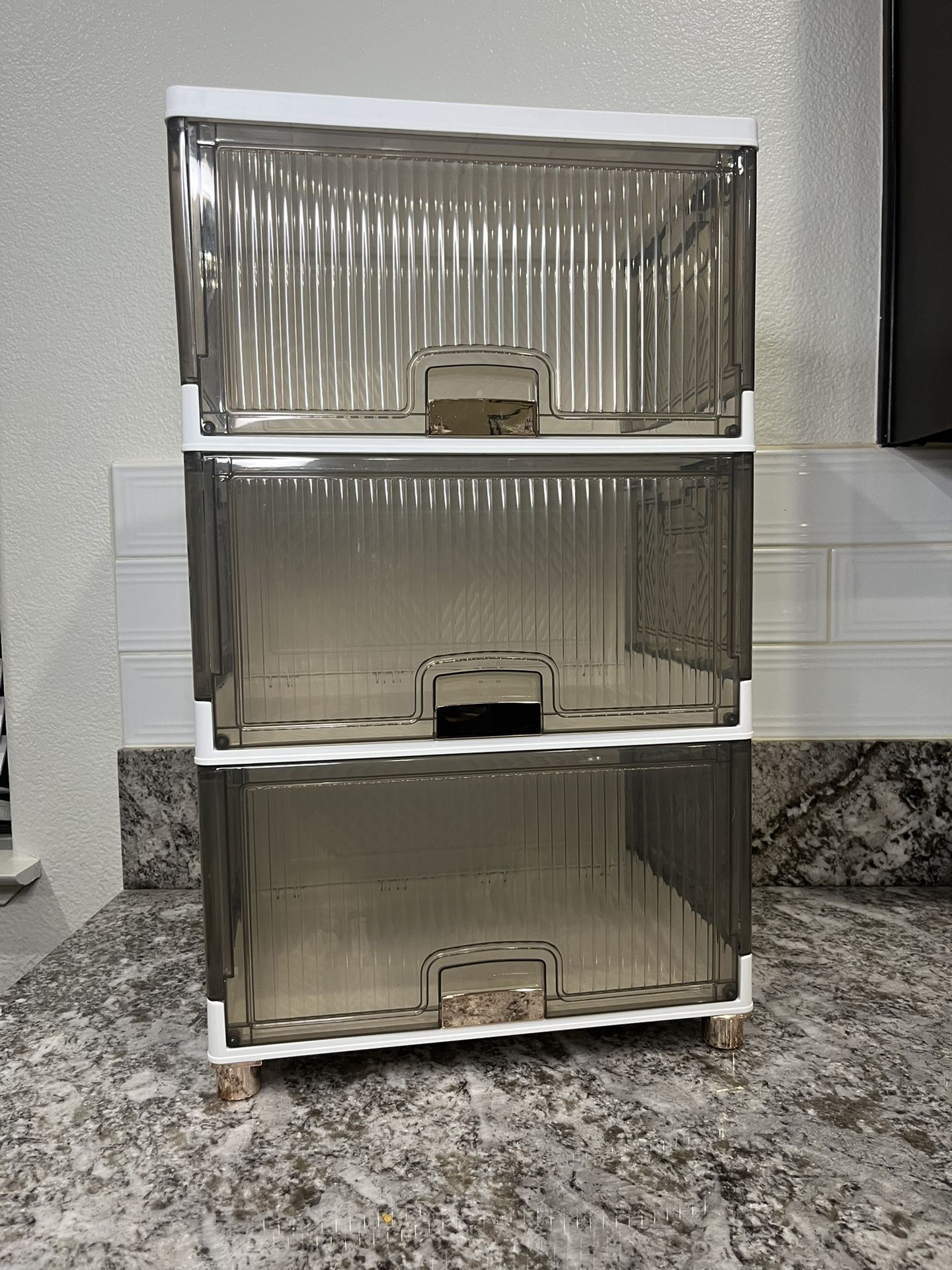 White And Gold Plastic Vanity Storage Drawers.