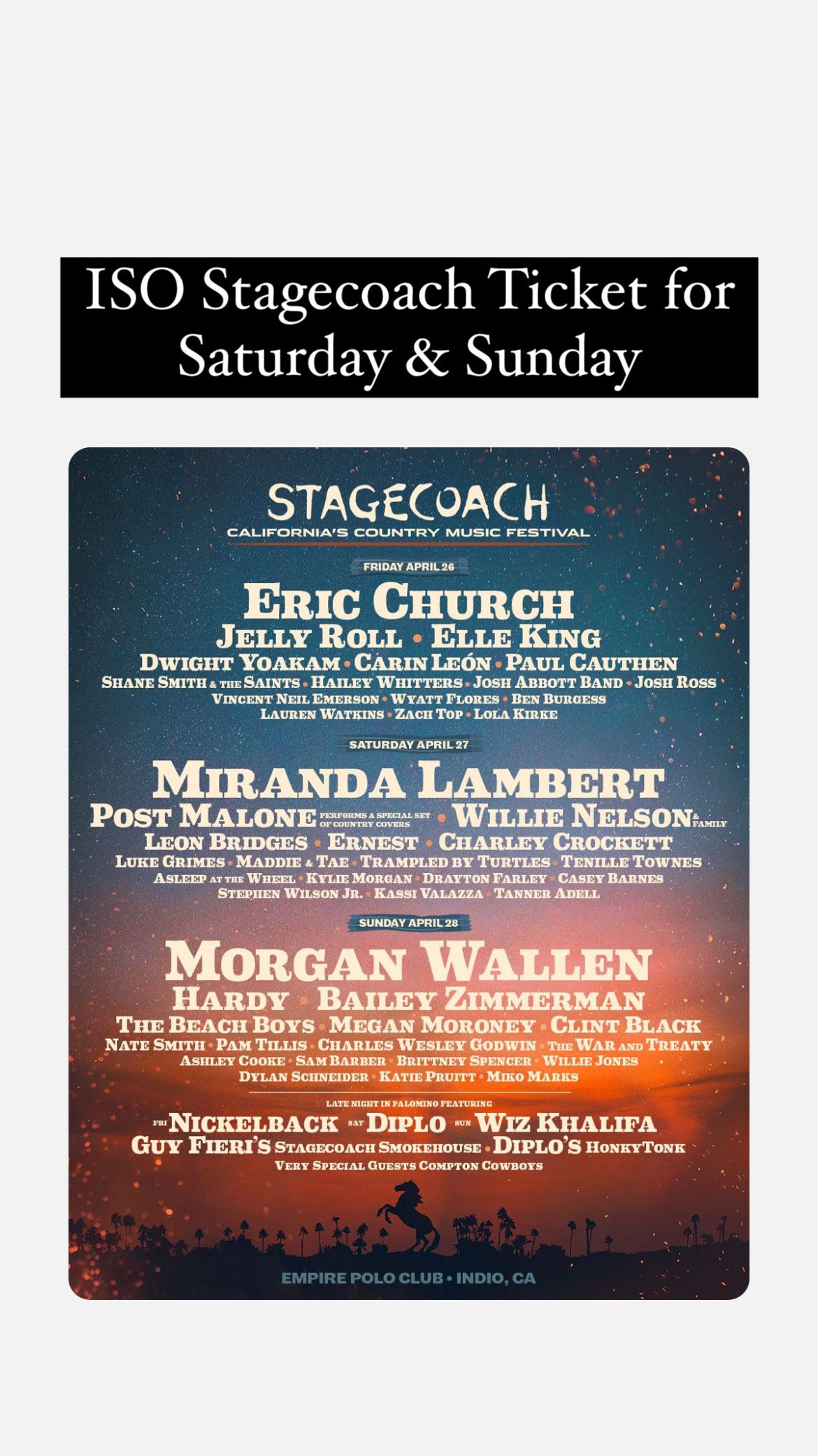 ISO Stagecoach Ticket For Saturday & Sunday 