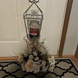 Centerpiece, flowers, and candle holder