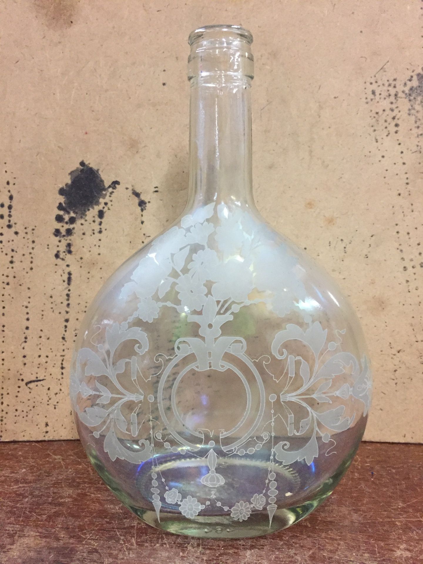 Beautiful Antique Floral Etched Liquor Glass Bottle Victorian