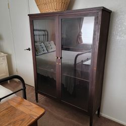 Antique Vintage Farmhouse Solid Wood Cabinet With Glass Doors