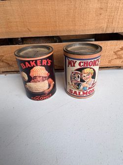 Vintage Tin Can Coin Banks Set of 2
