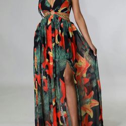 Women's Floral Print Ring Linked Backless • Split Thigh • Gold Chain Tie Back Sleeveless Maxi Dress