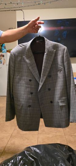 Perry Ellis SKINNY FIT DOUBLE BREASTED NOTCH COLLAR PLAID SUIT JACKET