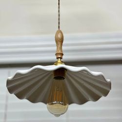 White Wavy Shade Wooden Accent Pendant Light