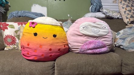 Large Plush Pillow Bundle – Cute Rainbow boba & Pink Sloth Plush – Super Soft