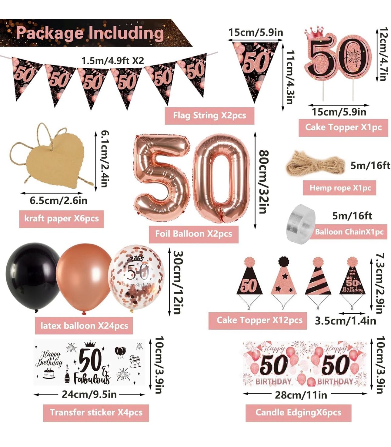 50th Birthday Decorations for Women Rose Gold Happy Birthday Party Banner Pink and Black Balloons Rose Gold Decorations for 50 Years Old Woman, Summer