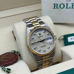 1994 Rolex Day-Date 36mm President 18k Yellow Tridor gold 18239 Silver Anniversary Diamonds Dial Fluted Bezel Double Quick set watch box papers tags F