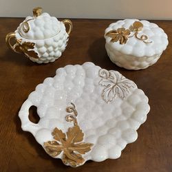 3 piece set Made in Japan gold leaf dish grape clusters sugar bowl