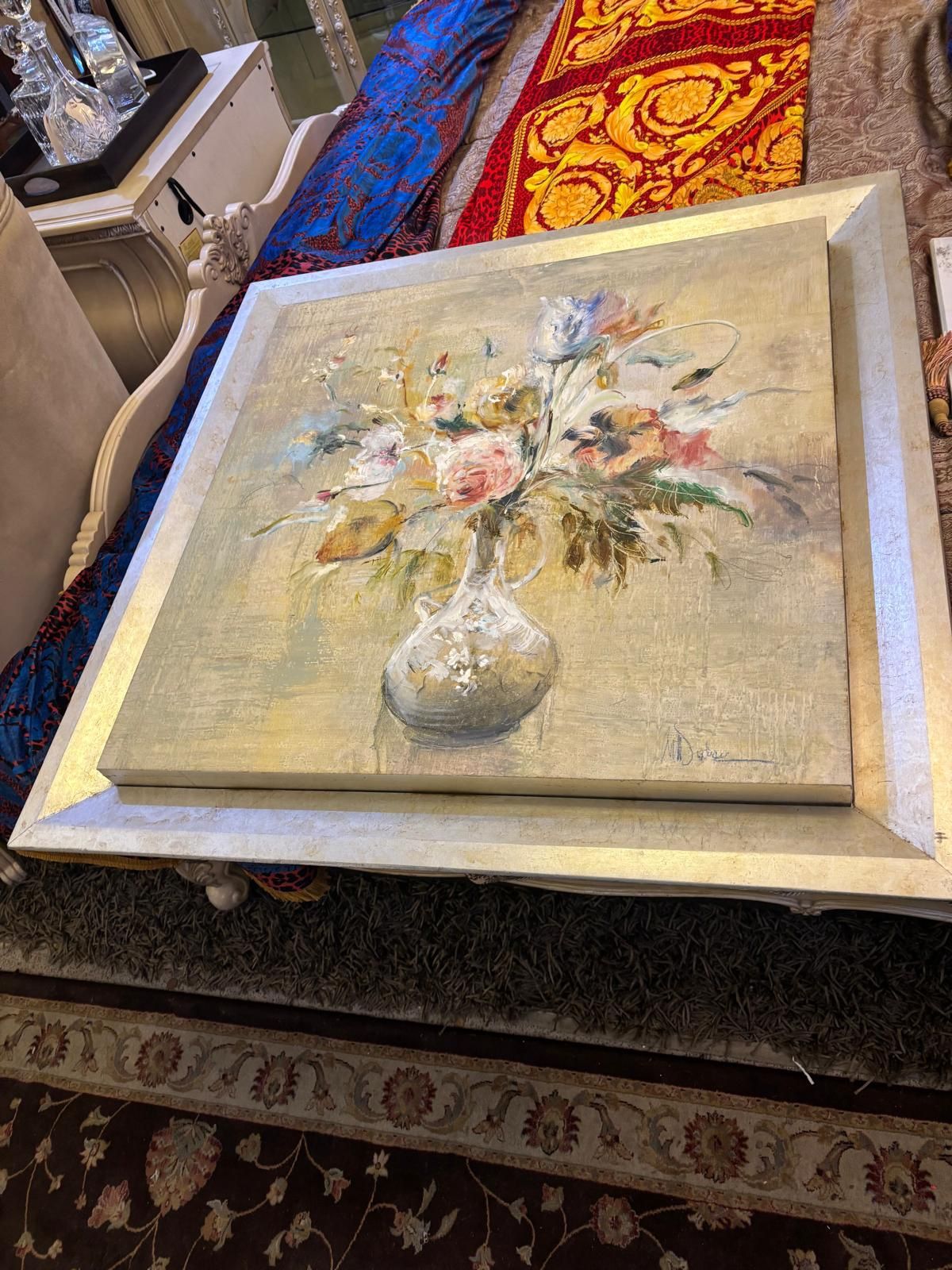 Artist Dulon , M … white vase oil canvas painting on a wood silver leaf frame . 37” x 37 “ $150