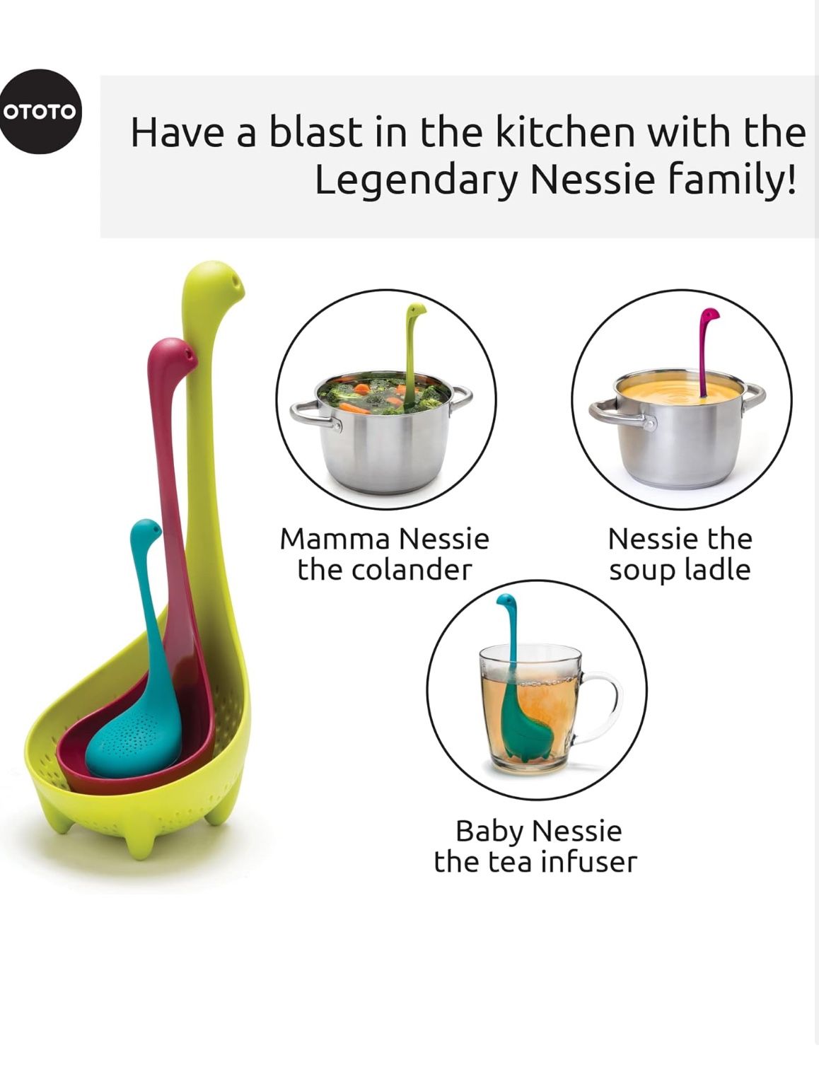 OTOTO The Nessie Family - Pack of 3 Tea Infuser, Soup Ladle, and Colander