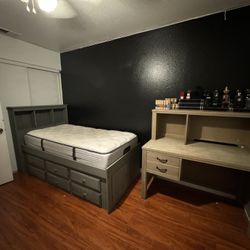 GREY SET OF HARDWOOD DESK AND BED FRAME WITH FREE NEW MATTRESS