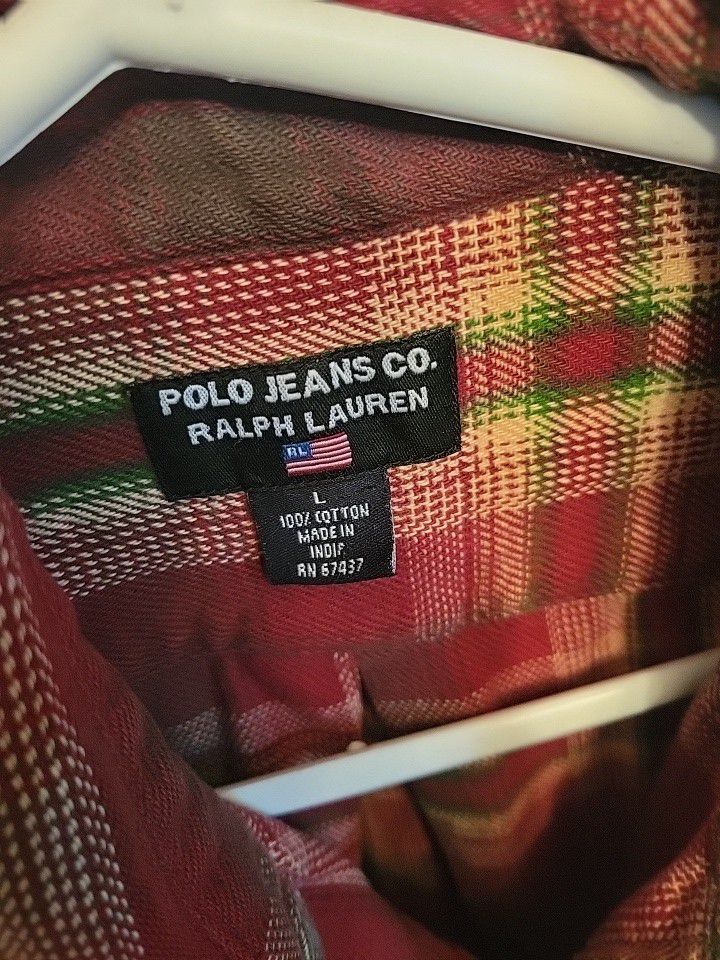 Polo Jeans Company Ralph Lauren Mens L Orange Brown Check Long Sleeve Shirt VTG