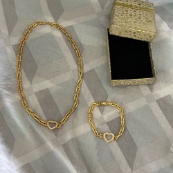 Gold Heart Bracelet and Necklace Set
