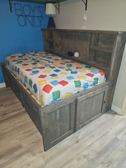 Rustic Wood Captain's Bed with Bookcase Headboard