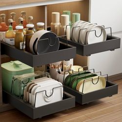 2 Pack Pull Out Cabinet Organizer with 8 Dividers, 21.8" Deep Slide Out Drawers for Cabinets Adhesive Pull Out Drawers Heavy Duty Pull Out Shelves for