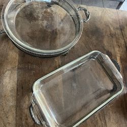 Vintage Pyrex Anchor Hocking Round Rectangle Baking Dish w/ Silver Tone Serving Tray Handles Casserole