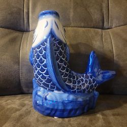 Vintage Porcelain Koi Fish Vase Blue and White Chinese Figural Décor 7.5"
