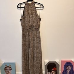 New Without Tags Jumpsuit Romper Size L Animal Print with Gold Ties At Neck Fully Lined 