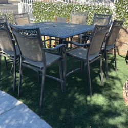 9 Pc Cast Aluminum Chat Height Dining Set Square Series Table in Antique Bronze/Sesame