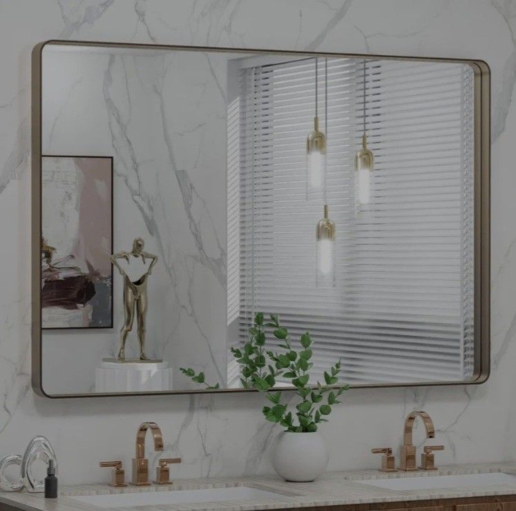 LOAAO 48”X32” Bronze Bathroom Mirrors for Vanity, Rounded Rectangle Brushed Bronze Metal Frame Mirror, Anti-Rust, Tempered Glass, Hangs Horizontally o