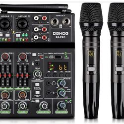 Professional Audio Mixer, 4 Channel Sound Mixer With Dual Wireless Mic, Sound Board Console MP3 Bluetooth 48V Phantom Power USB Interface DJ Mixing fo