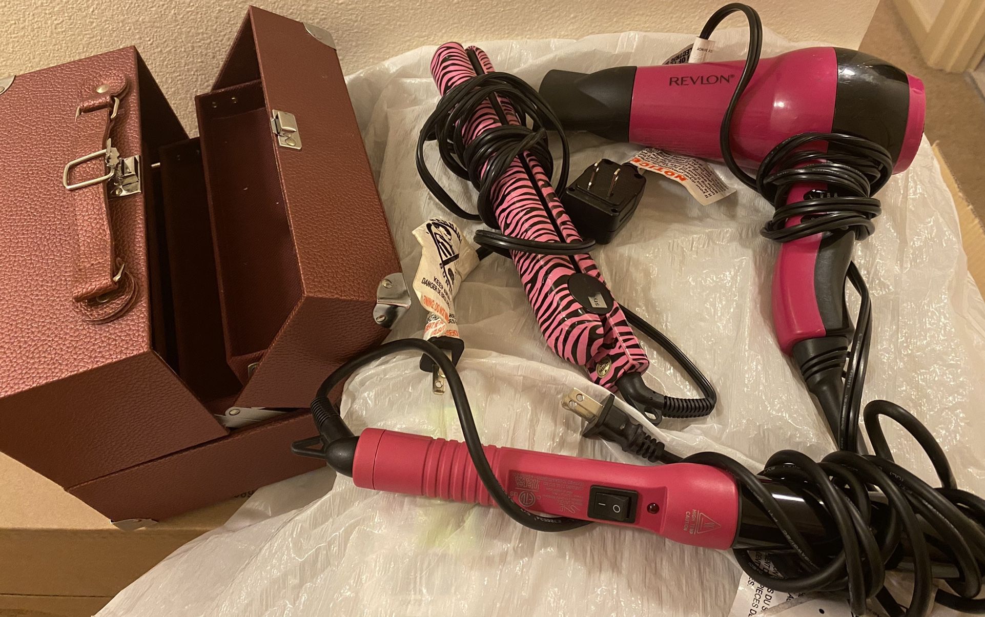 Blow Dryer, Flatiron, Curling Wand And Makeup Box