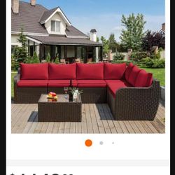 Brown Frame Red Cushion Patio Furniture Set Outdoor Patio Furniture Patio Chairs 🆕