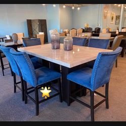Natural Marble Tabletop Dining Table And Blue Velvet 4 Upholstered Chairs Set🔹 New Brand 🆕 Financing Available ✅ Dining Room Set ☑️