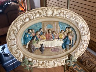 RARE 3D LAST SUPPER MOLDED RESIN DECORATIVE WALL PLAQUE 18”x13.5”