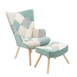 Henf Modern Accent Chair with Ottoman, Upholstered Wingback Arm Chair with Footrest Set, Velvet Side Chairs Leisure Reading Chair with Ottoman for Liv