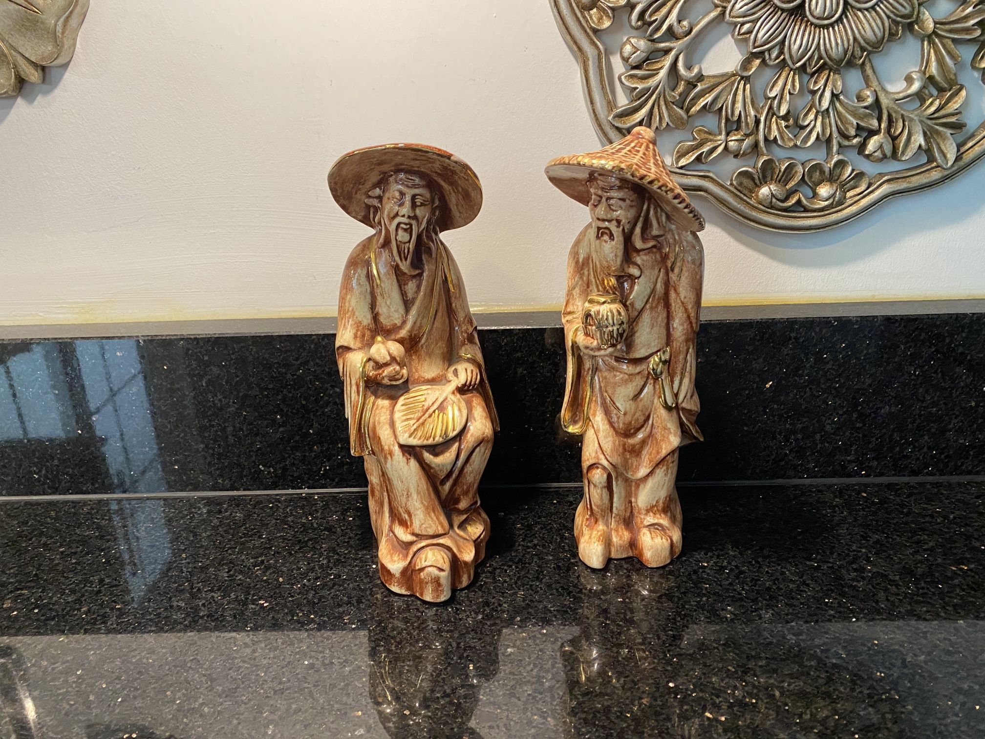 2 Vintage 1966 Ceramic Asian Bearded Wisemen Statues Hand-painted Brown 8”