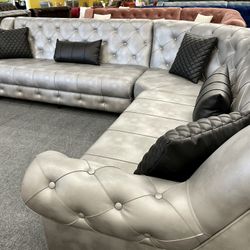 Silver Leather Living Room Sectional - Delivery And Financing Available 