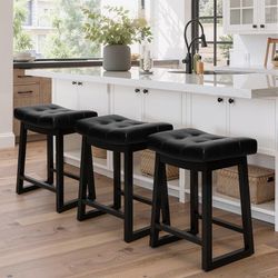 Counter Height Bar Stools Set of 3, 24 Inch Backless Upholstered Leather Counter Stools with Wood Legs, Modern Farmhouse Saddle Stools for Kitchen Isl