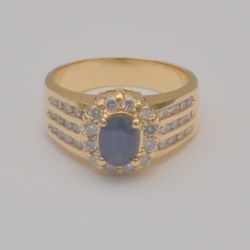 14K Yellow Gold Oval with 3 rows Design Natural Sapphire And Diamond Ring