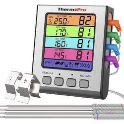 4 Probe BBQ Thermometer with Multi-Color Backlit LCD & Alert for Perfect Meat