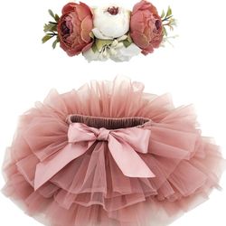 Baby Girls Soft Fluffy Tutu Skirt with Diaper Cover, Toddler Girl Tutu Skirt Sets with Flower Headband