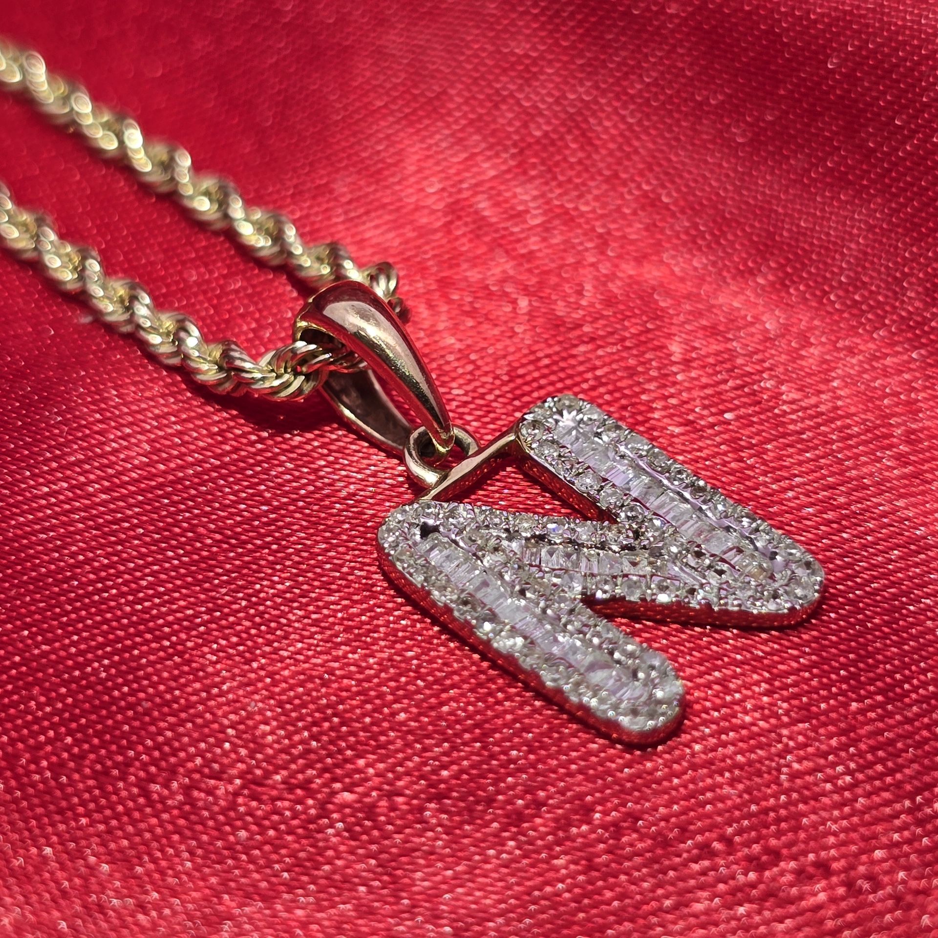 10k Yellow Gold Diamond "N" Initial Pendant With Rope Chain 1/3 ctw