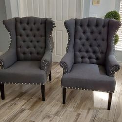 Two Beautiful Gray Tufted Wingback Accent Chairs 
