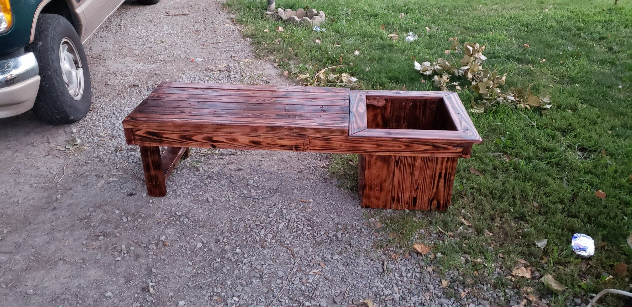 Custom built planter bench burned, stained and polyurethaned $60