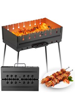 Portable Mangal Grill for 8 Skewers - Foldable Charcoal BBQ for Shashlik, Kebab, Kabob - 2mm Steel, Compact Case, Tool-Free, (Skewers Not Included)