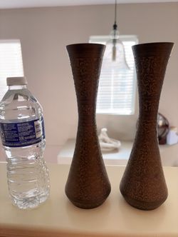 Pair of Etched Brass Vases