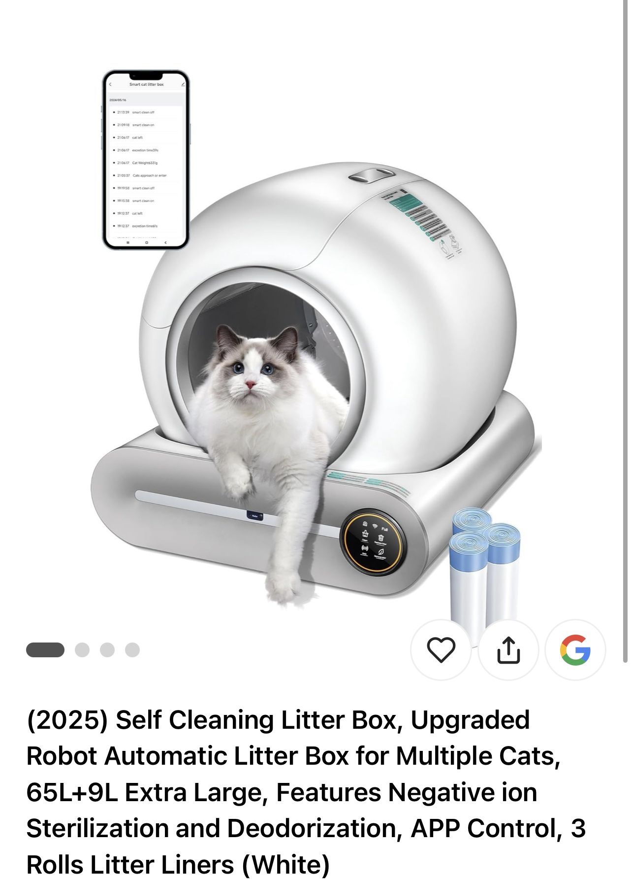 (2025) Self Cleaning Litter Box, Upgrade d Robot Automatic Litter Box for Multiple Cats, 65L+9L Extra Large, Features Nega tive ion Sterilization and 