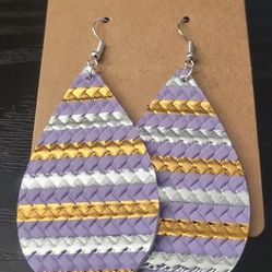 Purple, Silver And Gold Teardrop Earrings With Purple Glitter Back