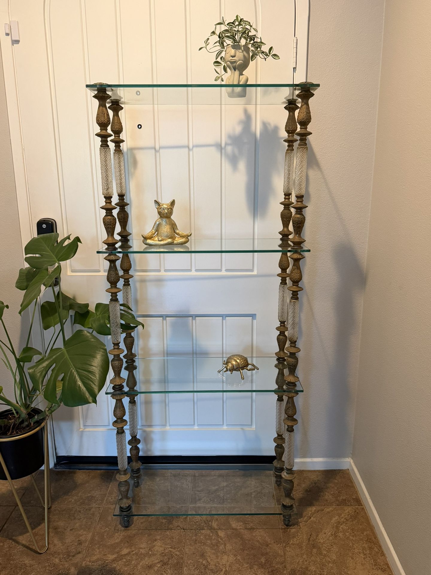 Vintage Hollywood Regency 4 Shelf Etagere Brass Glass Storage Shelves Crystal Accent