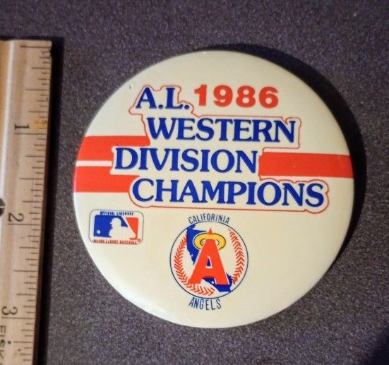 Large 3" California Angels 1986 A.L. Western Division Champions Baseball MLB Vintage Collectible Button Pinback Lapel Pin A-1